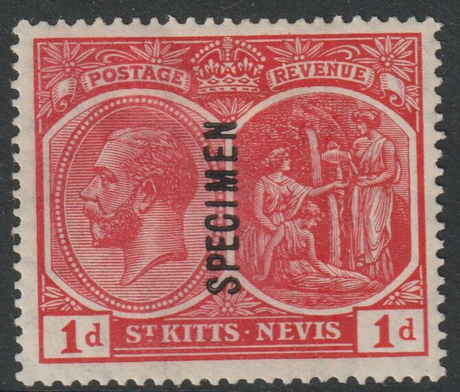 St Kitts-Nevis 1920 KG5 Pictorial MCA 1d overprinted SPECIMEN with gum, only about 400 produced SG25s, stamps on specimens