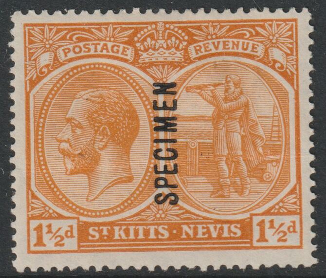 St Kitts-Nevis 1920 KG5 Pictorial MCA 1.5d overprinted SPECIMEN with gum but light crease, only about 400 produced SG26s, stamps on specimens
