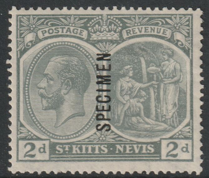 St Kitts-Nevis 1920 KG5 Pictorial MCA 2d overprinted SPECIMEN with gum, only about 400 produced SG27s, stamps on specimens