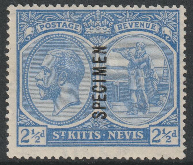 St Kitts-Nevis 1920 KG5 Pictorial MCA 2.5d overprinted SPECIMEN with gum but small thin, only about 400 produced SG28s, stamps on specimens