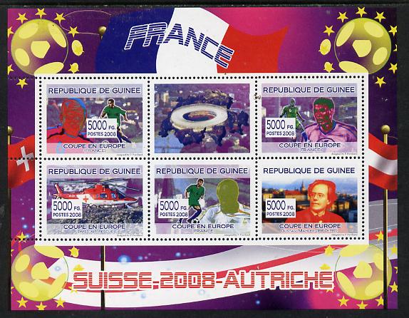 Guinea - Conakry 2008 European Football Championship - France perf sheetlet containing 5 values plus label unmounted mint, stamps on football, stamps on aviation, stamps on music, stamps on mahler, stamps on composers, stamps on helicopters