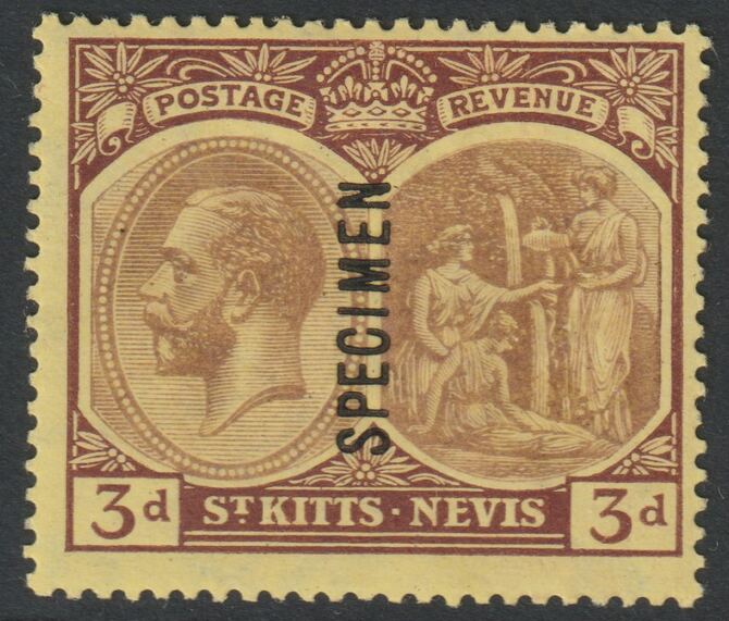 St Kitts-Nevis 1920 KG5 Pictorial MCA 3d overprinted SPECIMEN with gum, only about 400 produced SG29s, stamps on specimens