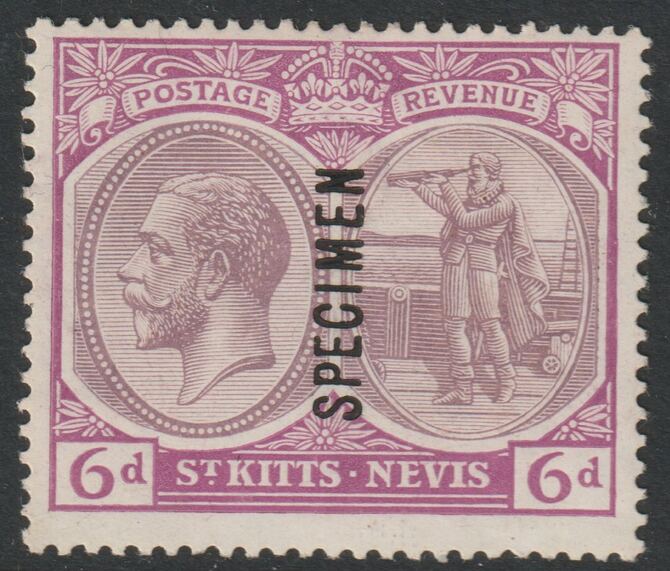 St Kitts-Nevis 1920 KG5 Pictorial MCA 6d overprinted SPECIMEN with gum, only about 400 produced SG30s, stamps on specimens