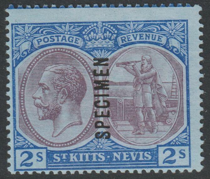 St Kitts-Nevis 1920 KG5 Pictorial MCA 2s overprinted SPECIMEN with gum, only about 400 produced SG32s, stamps on , stamps on  stamps on specimens