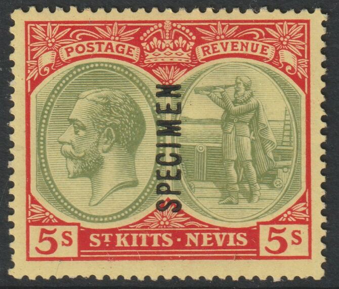 St Kitts-Nevis 1920 KG5 Pictorial MCA 5s overprinted SPECIMEN with gum, only about 400 produced SG34s, stamps on specimens