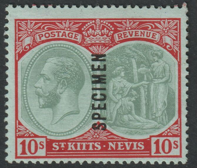 St Kitts-Nevis 1920 KG5 Pictorial MCA 10s overprinted SPECIMEN with gum, only about 400 produced SG35s, stamps on specimens