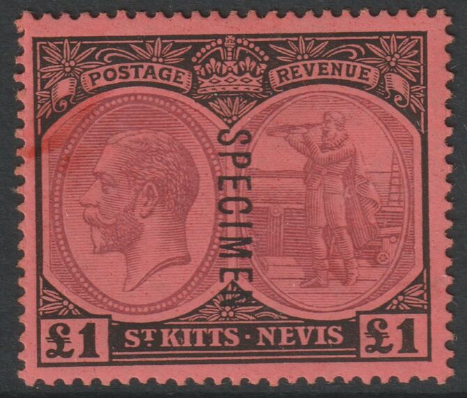 St Kitts-Nevis 1920 KG5 Pictorial MCA Â£1 overprinted SPECIMEN with gum, only about 400 produced SG36s, stamps on specimens