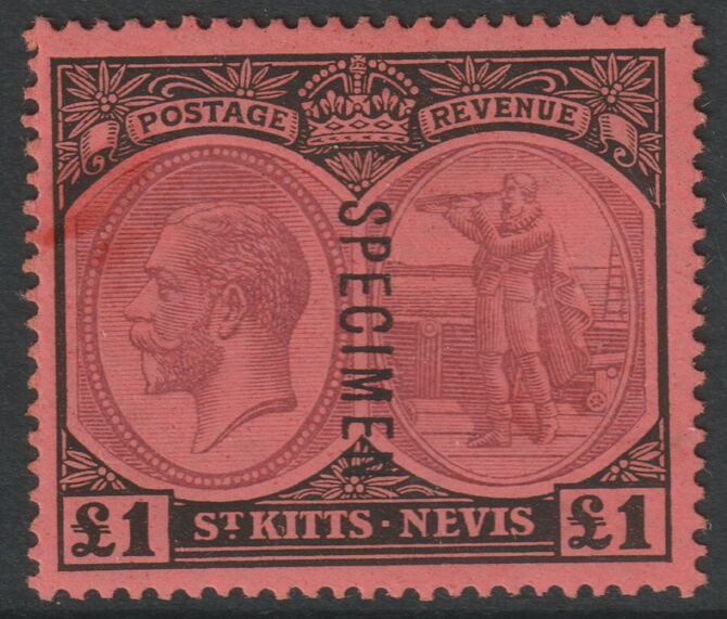 St Kitts-Nevis 1920 KG5 Pictorial MCA £1 overprinted SPECIMEN with gum, only about 400 produced SG36s, stamps on specimens