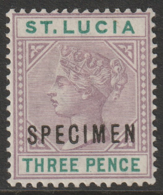 St Lucia 1886 QV die I - 3d overprinted SPECIMEN with gum, only 345 produced SG40s, stamps on , stamps on  stamps on specimens