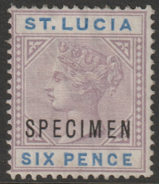 St Lucia 1886 QV die I - 6d overprinted SPECIMEN with gum, only 345 produced SG41s, stamps on specimens