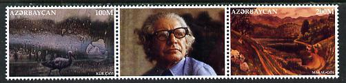 Azerbaijan 1996 Fifth Death Anniversary of G Aliev (Painter) se-tenant strip of 2 plus label, SG 309-10, stamps on arts    death