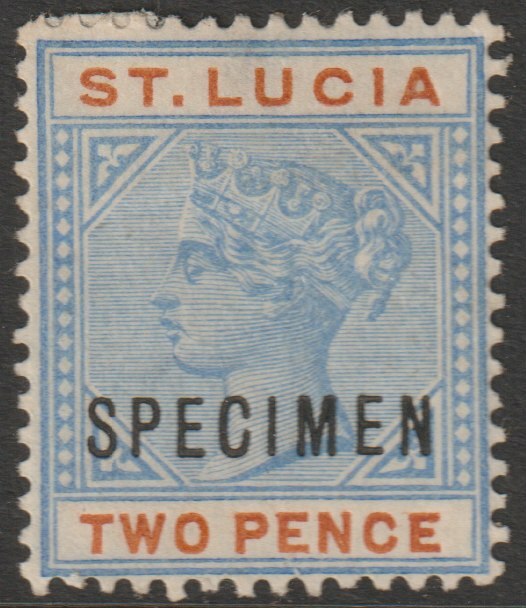 St Lucia 1891 QV die II - 2d overprinted SPECIMEN with gum but large hinge remainder, only about 750 produced SG45s, stamps on , stamps on  stamps on specimens