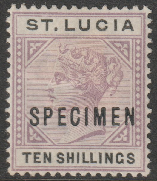 St Lucia 1891 QV die II - 5s overprinted SPECIMEN with gum but large hinge remainder, only about 750 produced SG51s, stamps on specimens