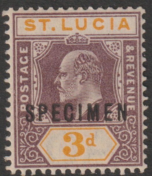 St Lucia 1902 KE7 Crown CA 3d overprinted SPECIMEN with gum, only about 750 produced SG 61s, stamps on , stamps on  stamps on specimens