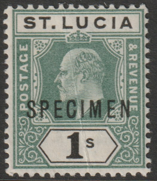 St Lucia 1902 KE7 Crown CA 1s overprinted SPECIMEN with gum but light vert crease, only about 750 produced SG 62s, stamps on specimens