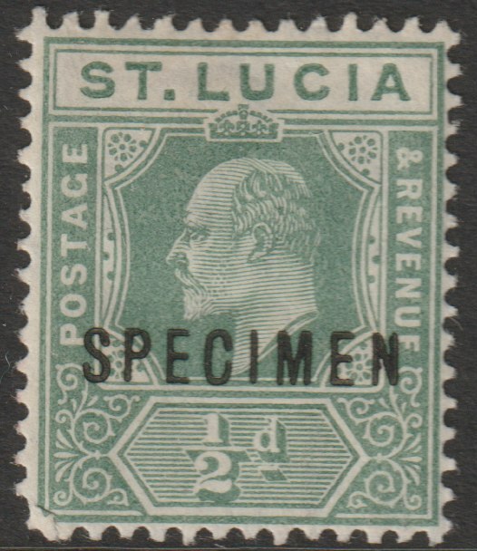 St Lucia 1904 KE7 MCA 1/2d overprinted SPECIMEN with gum but large hinge remainder, only about 750 produced SG 65s, stamps on specimens
