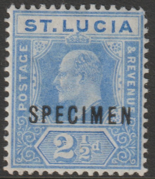 St Lucia 1904 KE7 MCA 2.5d overprinted SPECIMEN with gum, only about 750 produced SG 69s, stamps on specimens