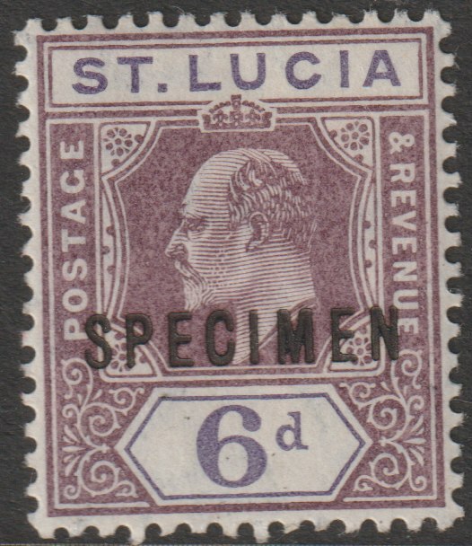 St Lucia 1904 KE7 MCA 6d overprinted SPECIMEN with gum, only about 750 produced SG 72s, stamps on specimens