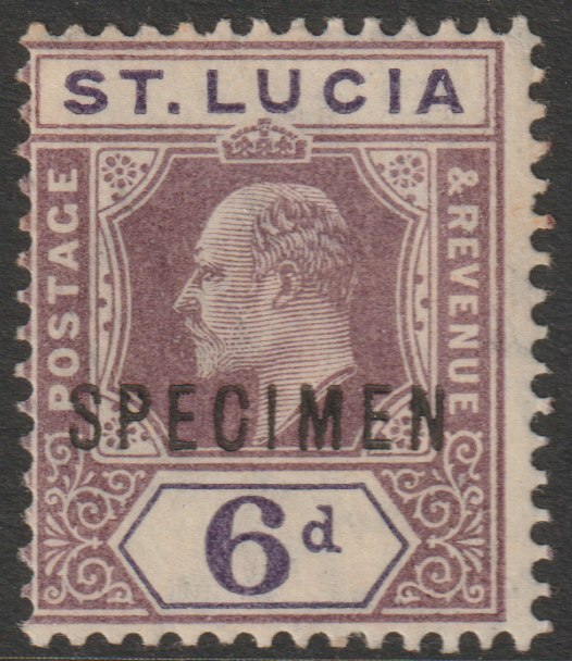 St Lucia 1904 KE7 MCA 6d overprinted SPECIMEN with gum, only about 750 produced SG 72s, stamps on specimens