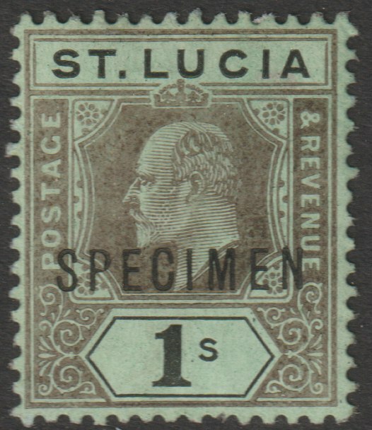 St Lucia 1904 KE7 MCA 1s overprinted SPECIMEN with gum, only about 750 produced SG 75s, stamps on , stamps on  stamps on specimens