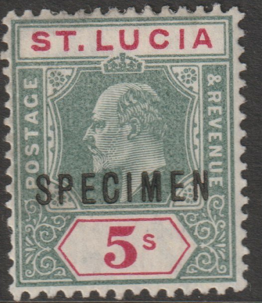 St Lucia 1904 KE7 MCA 5s overprinted SPECIMEN with gum, only about 750 produced SG 76s, stamps on specimens