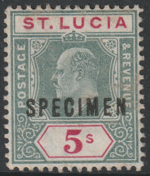 St Lucia 1904 KE7 MCA 5s overprinted SPECIMEN without gum, only about 750 produced SG 76s, stamps on , stamps on  stamps on specimens
