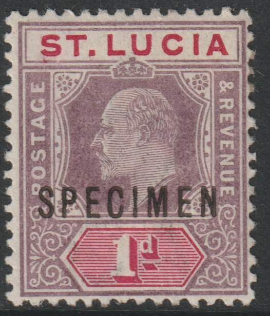 St Lucia 1902 KE7 Crown CA 1d overprinted SPECIMEN with gum, only about 750 produced SG 59s, stamps on specimens