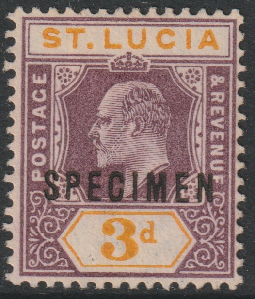 St Lucia 1902 KE7 Crown CA 3d overprinted SPECIMEN without gum, only about 750 produced SG 61s, stamps on specimens