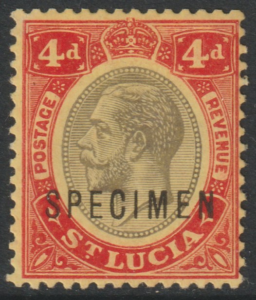 St Lucia 1912 KG5 MCA 4d overprinted SPECIMEN with gum, only about 400 produced SG 83s, stamps on , stamps on  stamps on specimens