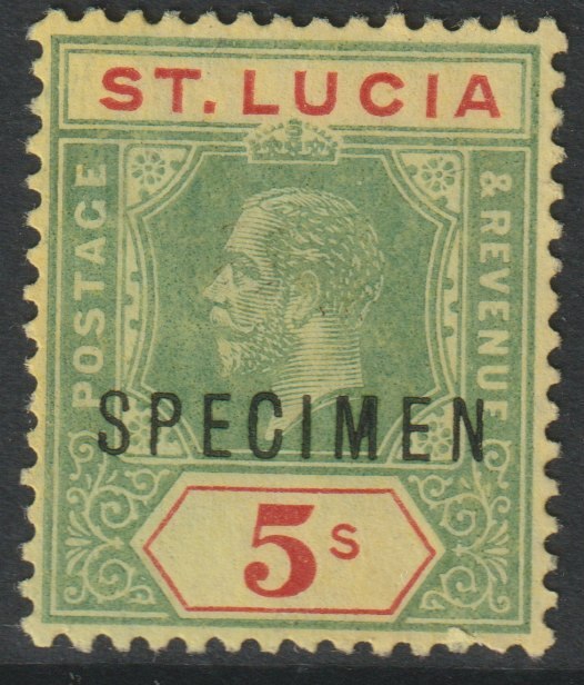 St Lucia 1912 KG5 MCA 5s overprinted SPECIMEN with gum, only about 400 produced SG 88s, stamps on , stamps on  stamps on specimens
