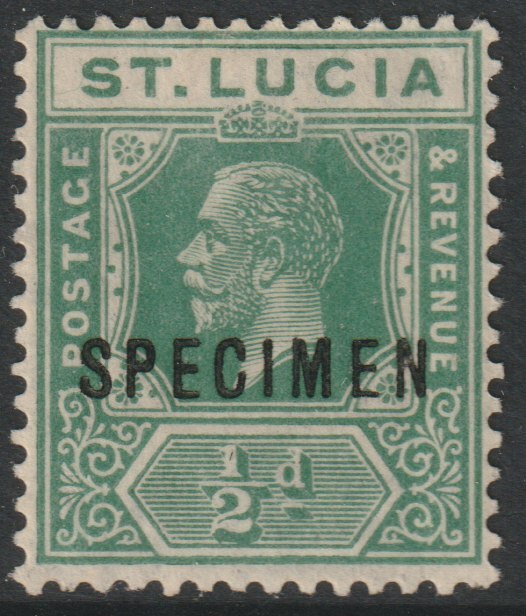 St Lucia 1921 KG5 Multiple Script 1/2d overprinted SPECIMEN with gum, only about 400 produced SG 91s, stamps on specimens