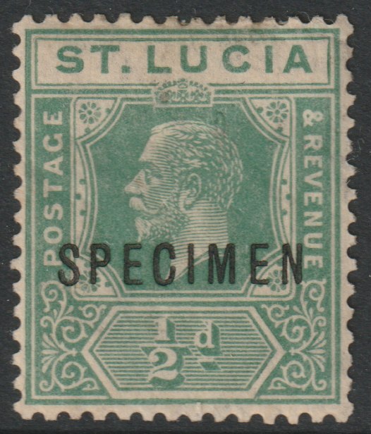 St Lucia 1921 KG5 Multiple Script 1/2d overprinted SPECIMEN with gum but sl soiling, only about 400 produced SG 91s, stamps on specimens