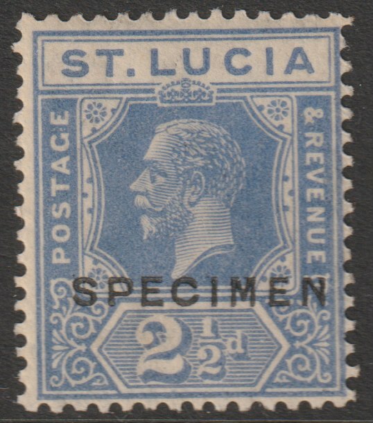 St Lucia 1921 KG5 Multiple Script 2.5d  blue overprinted SPECIMEN with gum, only about 400 produced SG 98s, stamps on specimens