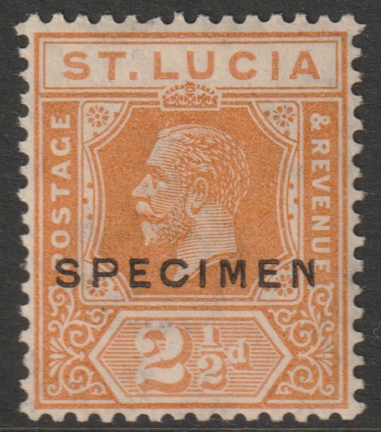 St Lucia 1921 KG5 Multiple Script 2.5d  orange overprinted SPECIMEN with gum, only about 400 produced SG 97s, stamps on , stamps on  stamps on specimens