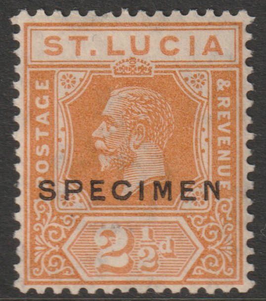 St Lucia 1921 KG5 Multiple Script 2.5d  orange overprinted SPECIMEN with gum, only about 400 produced SG 97s, stamps on , stamps on  stamps on specimens