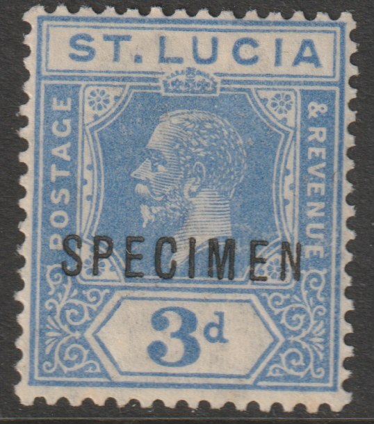 St Lucia 1921 KG5 Multiple Script 3d  blue overprinted SPECIMEN with gum, only about 400 produced SG 99s, stamps on specimens