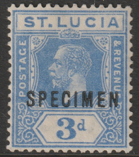 St Lucia 1921 KG5 Multiple Script 3d  blue overprinted SPECIMEN with gum, only about 400 produced SG 99s, stamps on specimens