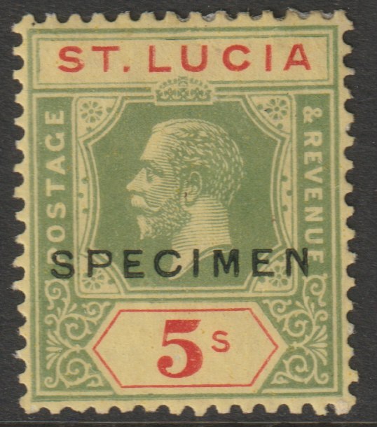 St Lucia 1921 KG5 Multiple Script 5s overprinted SPECIMEN with gum, only about 400 produced SG105s, stamps on specimens
