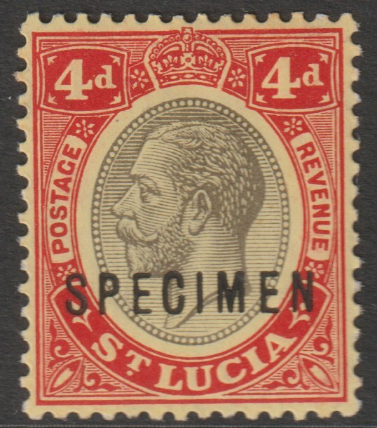 St Lucia 1912-21 KG5 watermark ?? 4d overprinted SPECIMEN with gum, only about 400 produced, stamps on specimens