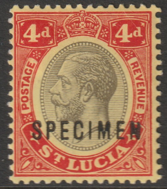 St Lucia 1912-21 KG5 watermark ?? 4d overprinted SPECIMEN with gum, only about 400 produced, stamps on specimens