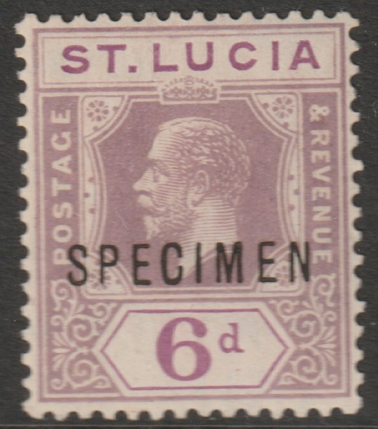 St Lucia 1912-21 KG5 watermark ?? 6d overprinted SPECIMEN with gum, only about 400 produced, stamps on specimens