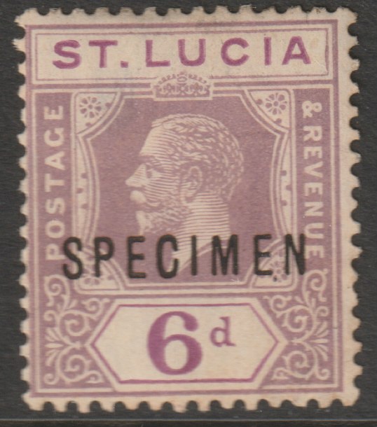 St Lucia 1912-21 KG5 watermark ?? 6d overprinted SPECIMEN with gum, only about 400 produced, stamps on specimens