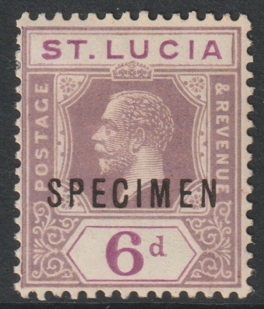 St Lucia 1912-21 KG5 watermark ?? 6d overprinted SPECIMEN with gum, only about 400 produced, stamps on specimens