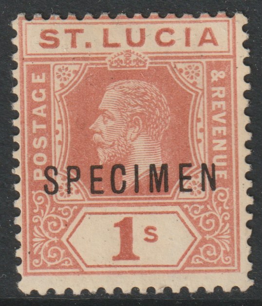 St Lucia 1912-21 KG5 watermark ?? 1s orange-brown overprinted SPECIMEN with gum, only about 400 produced, stamps on , stamps on  stamps on specimens