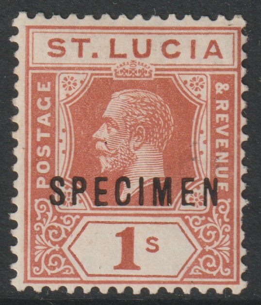 St Lucia 1912-21 KG5 watermark ?? 1s orange-brown overprinted SPECIMEN with gum but small thin, only about 400 produced, stamps on specimens
