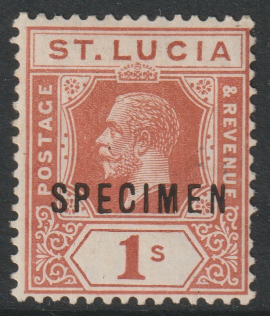 St Lucia 1912-21 KG5 watermark ?? 1s orange-brown overprinted SPECIMEN with gum but small thin, only about 400 produced, stamps on , stamps on  stamps on specimens