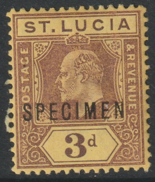 St Lucia 1904 KE7 MCA 2.5d overprinted SPECIMEN with gum, only about 750 produced SG 71s, stamps on specimens