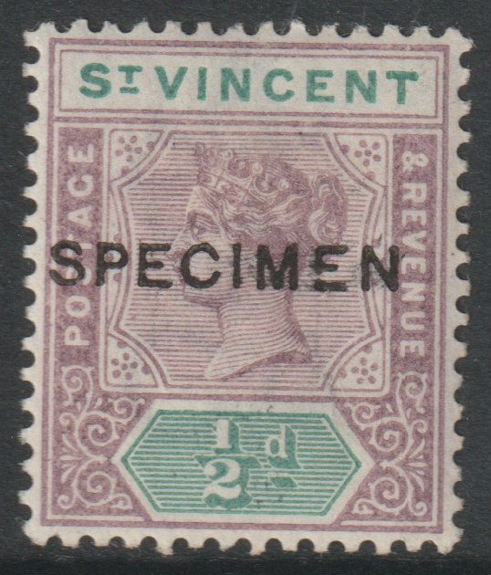 St Vincent 1899 QV Key Plate 1/2d with a forged SPECIMEN overprint with gum, stamps on specimens
