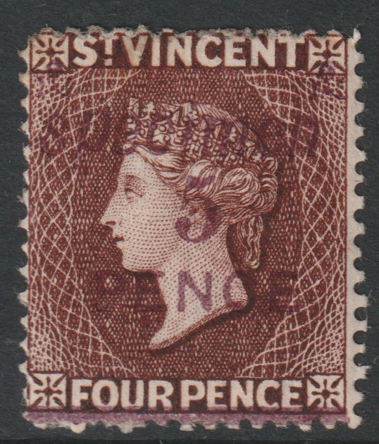 St Vincent 1892 QV 5d on 4d overprinted SPECIMEN with gum and only about 750 produced SG 59s, stamps on , stamps on  stamps on specimens