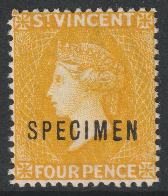 St Vincent 1890 QV 4d yellow overprinted SPECIMEN with gum and only about 750 produced SG 56s, stamps on specimens